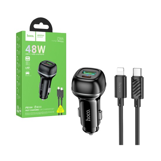 Hoco Car Charger Z58A Rank 2 Port USB+Type-C PD30W with Type-C to Lightning Cable 1m Black